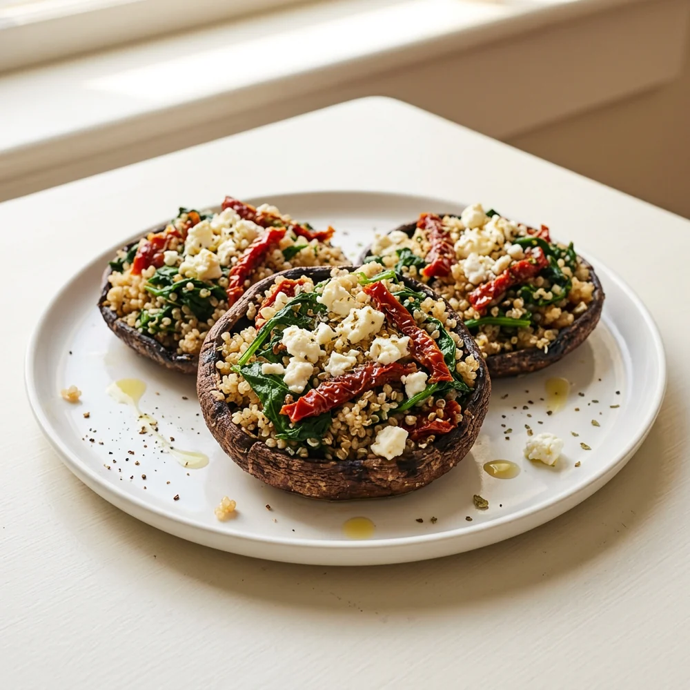 Close-up plate of stuffed portobello mushrooms with quinoa, sun-dried tomatoes, feta, and spinach