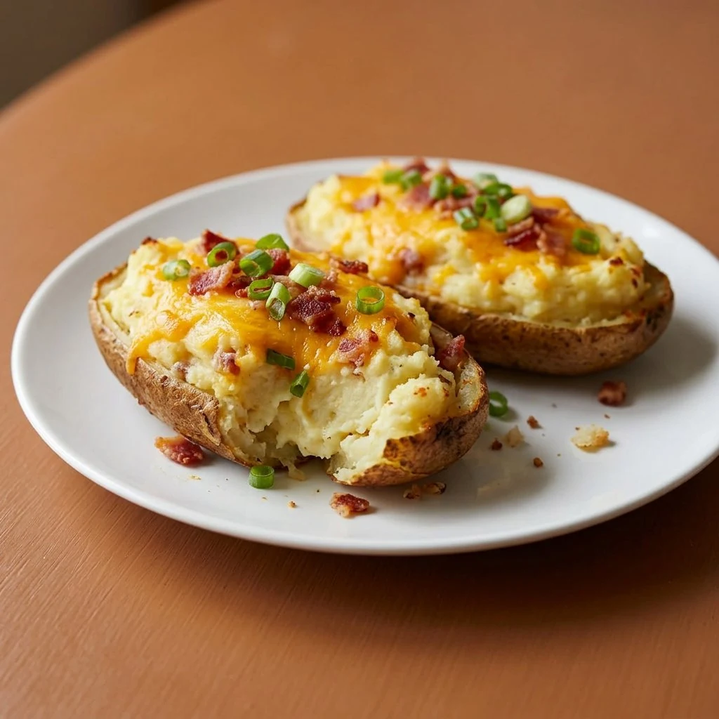 Twice-baked potatoes topped with melted cheddar, crumbled bacon and green onions on a white plate