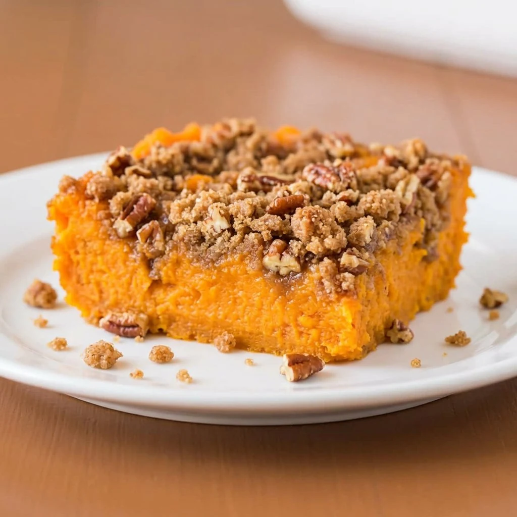 Slice of sweet potato casserole with brown sugar pecan streusel topping on a white plate