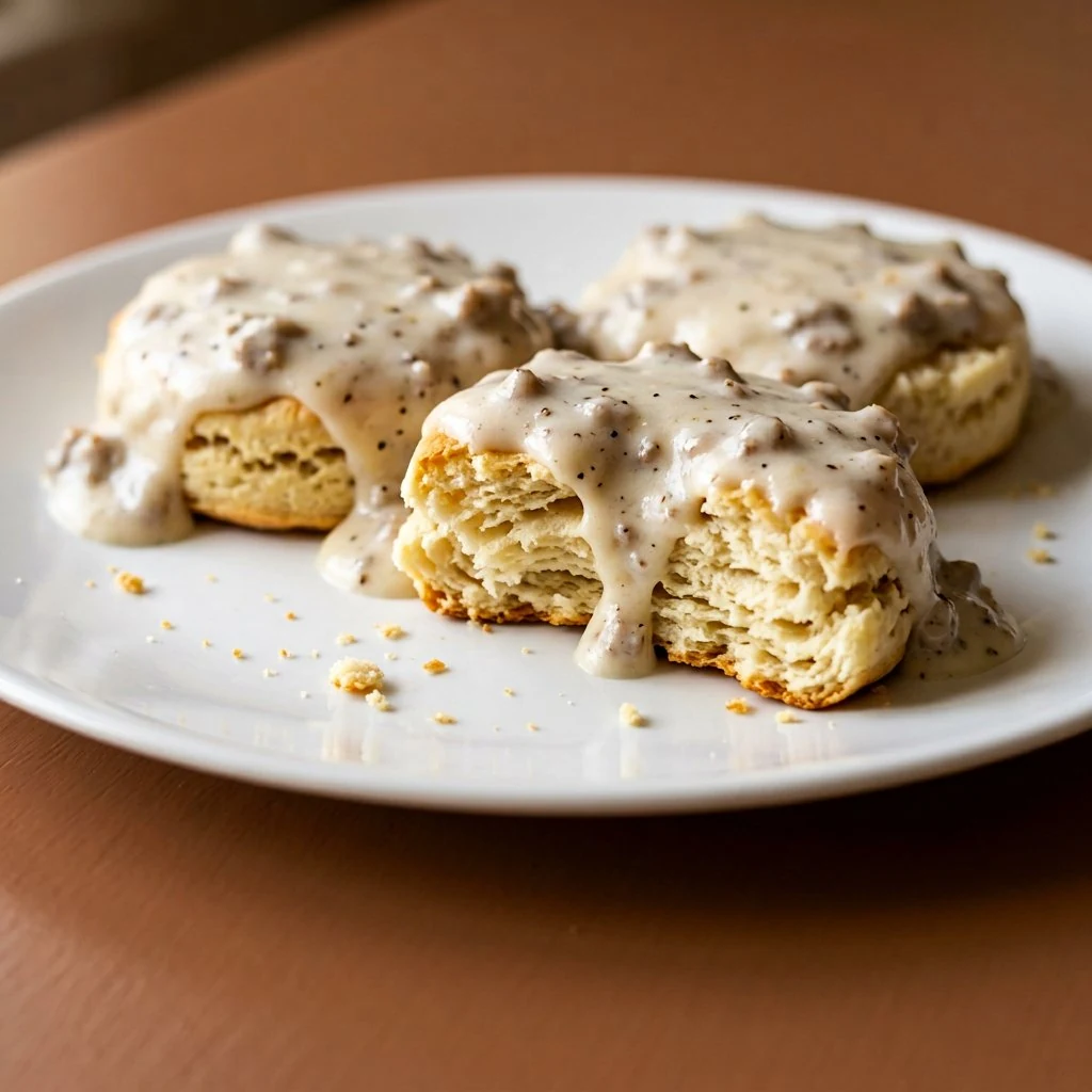 Buttermilk biscuits smothered in creamy white sausage gravy on a white plate