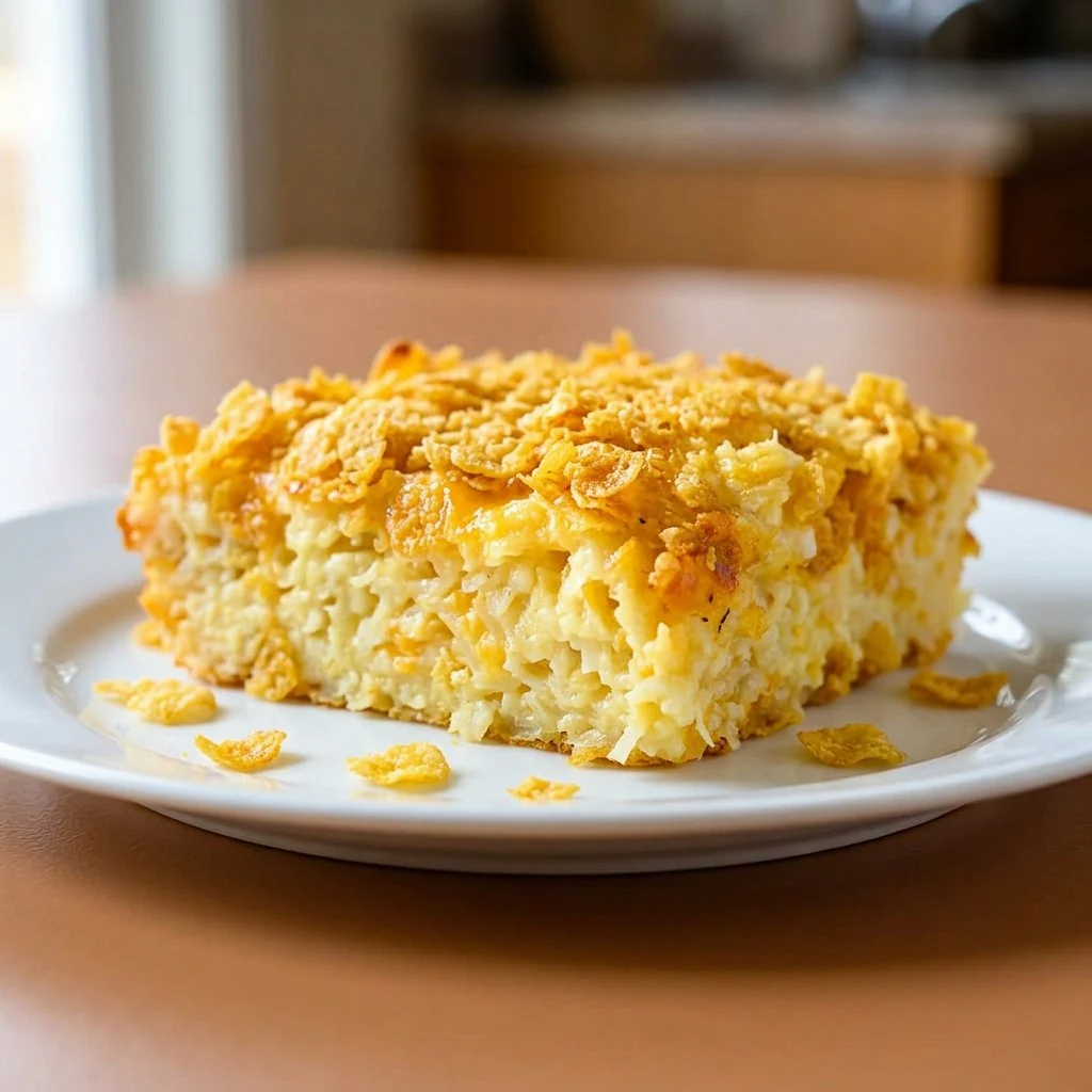 Slice of golden hashbrown casserole with crunchy cornflake topping on a white plate