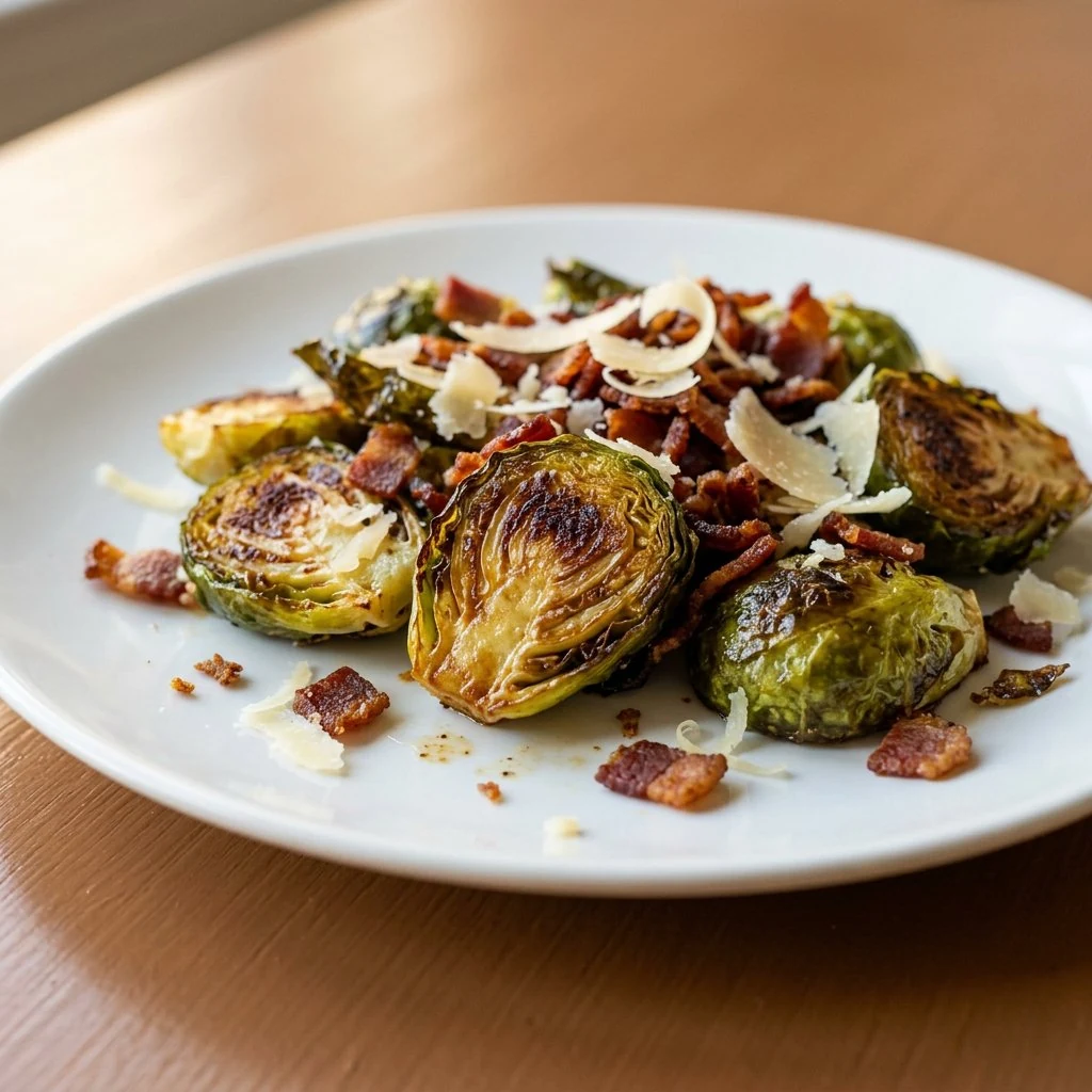 Roasted Brussels sprouts with crumbled bacon and grated Parmesan on a white plate