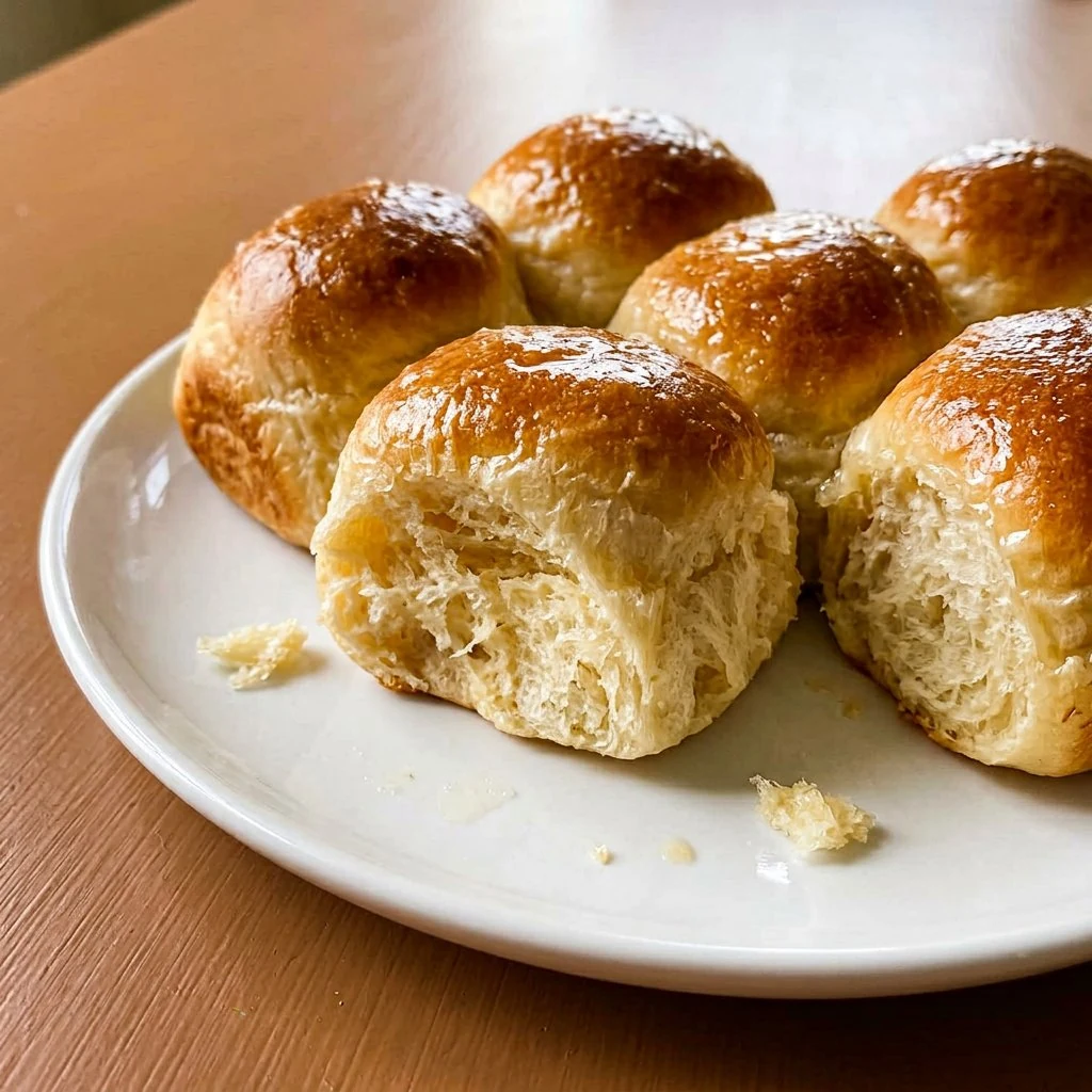 Soft homemade yeast dinner rolls on a white plate, one torn open showing fluffy interior