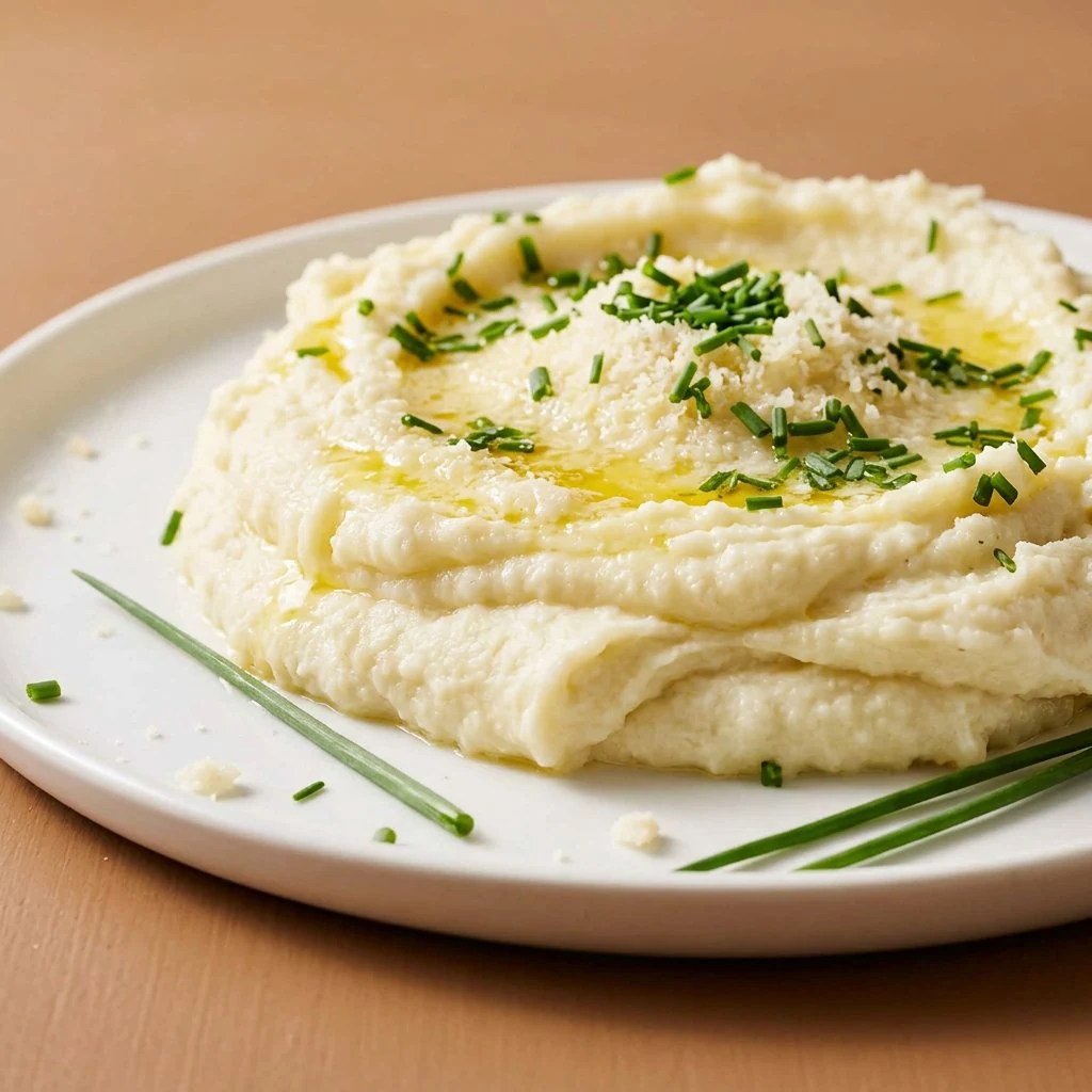 Creamy mashed cauliflower with chives, butter and Parmesan on a white plate