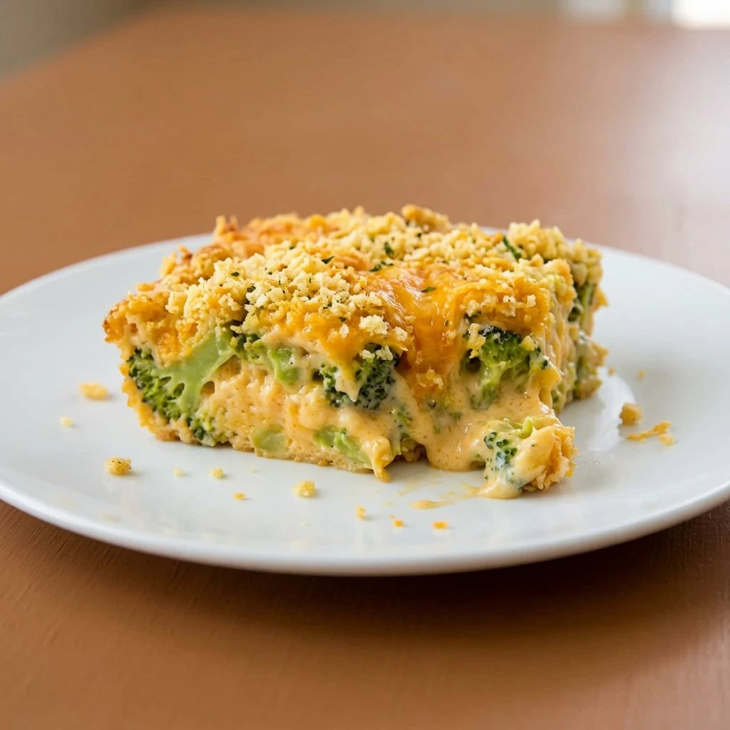 Slice of broccoli cheese casserole with creamy cheddar sauce on a white plate