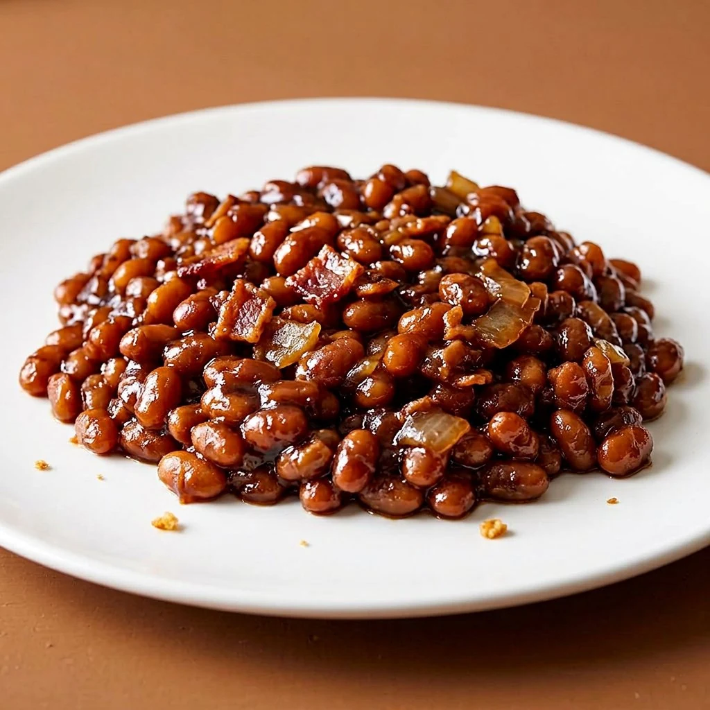 Molasses baked beans with crumbled bacon and onion on a white plate