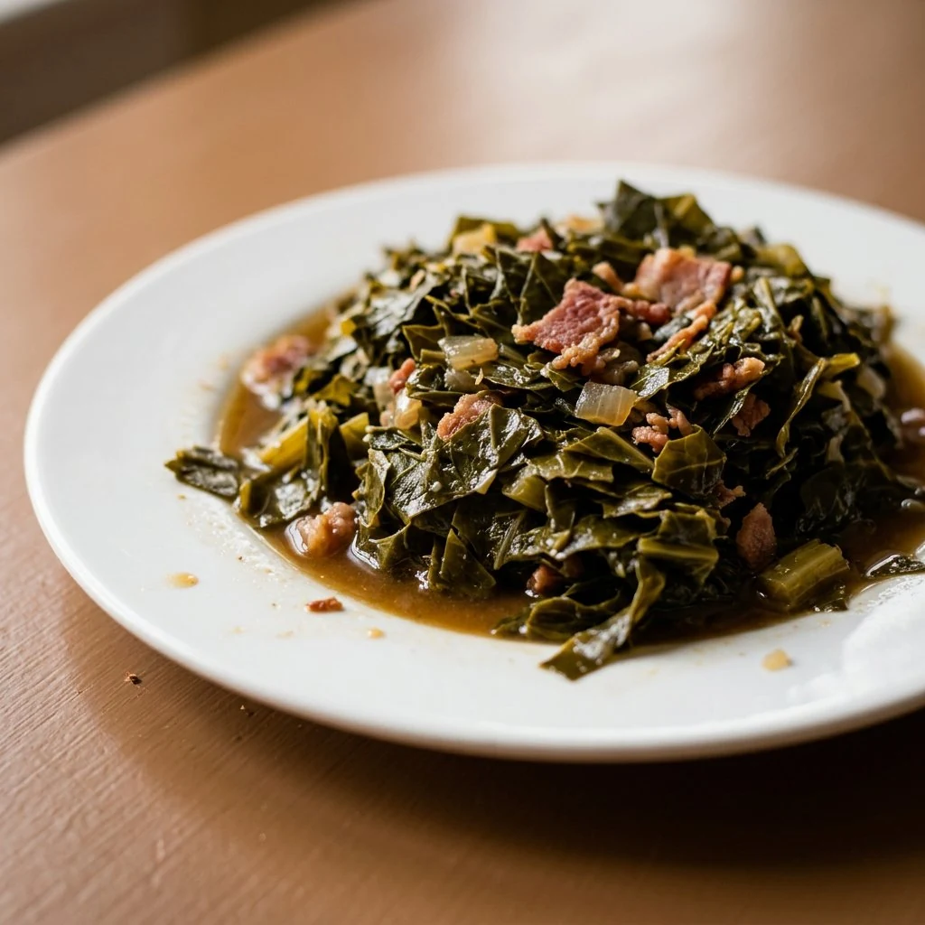 Braised collard greens with crumbled bacon and onion on a white plate