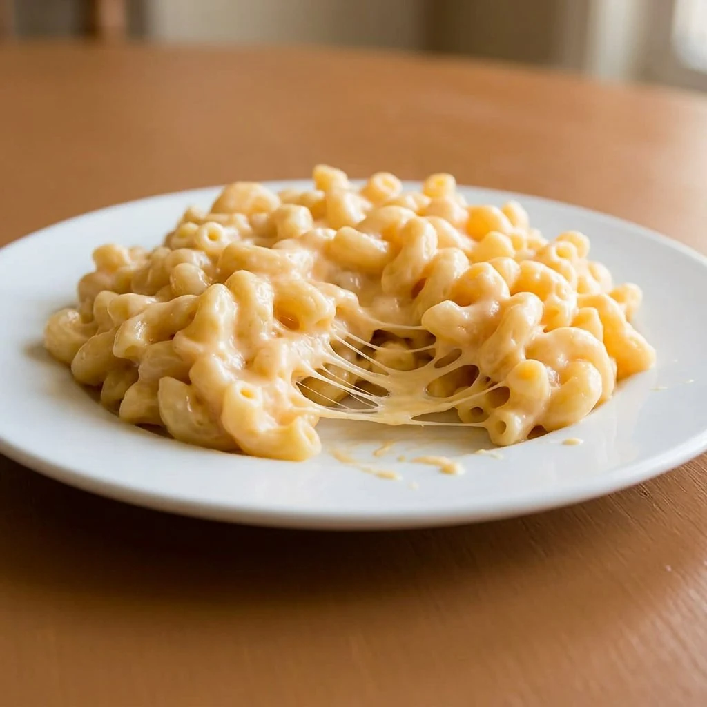 Creamy stovetop mac and cheese with cheddar and mozzarella on a white plate