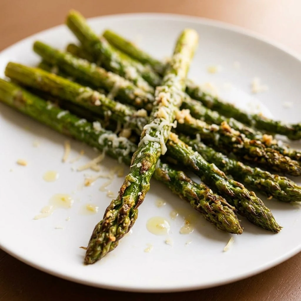Roasted asparagus spears with Parmesan and garlic on a white plate