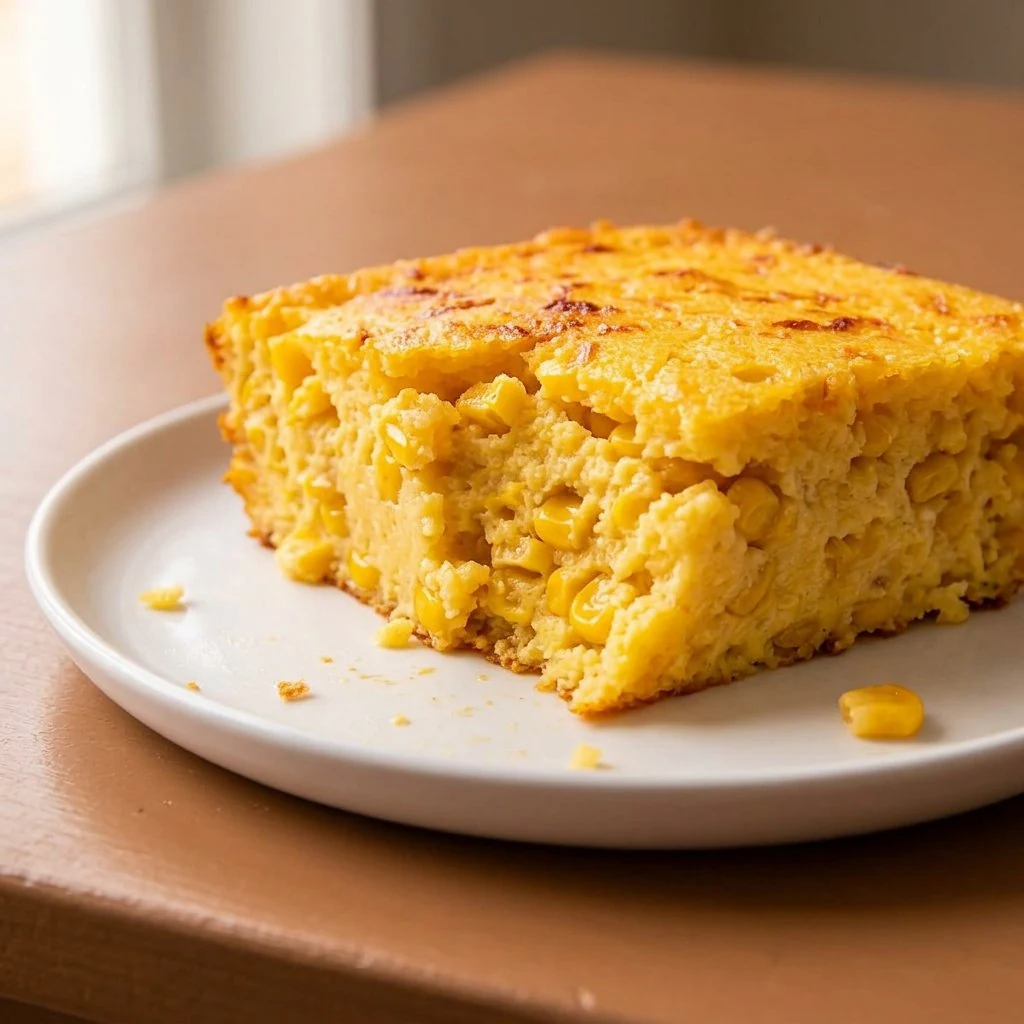 Slice of golden corn pudding casserole with corn kernels on a white plate