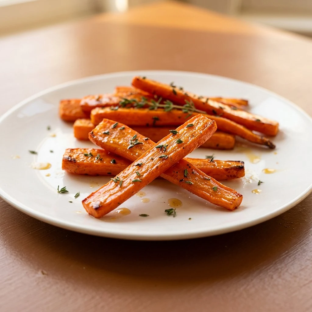 Honey thyme roasted carrot sticks on a white plate