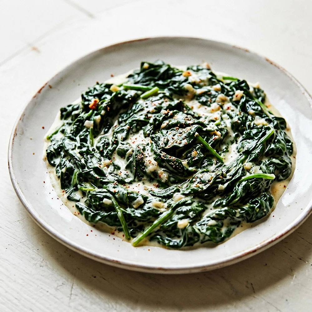 Creamed spinach with garlic, butter, Parmesan, cream, and nutmeg