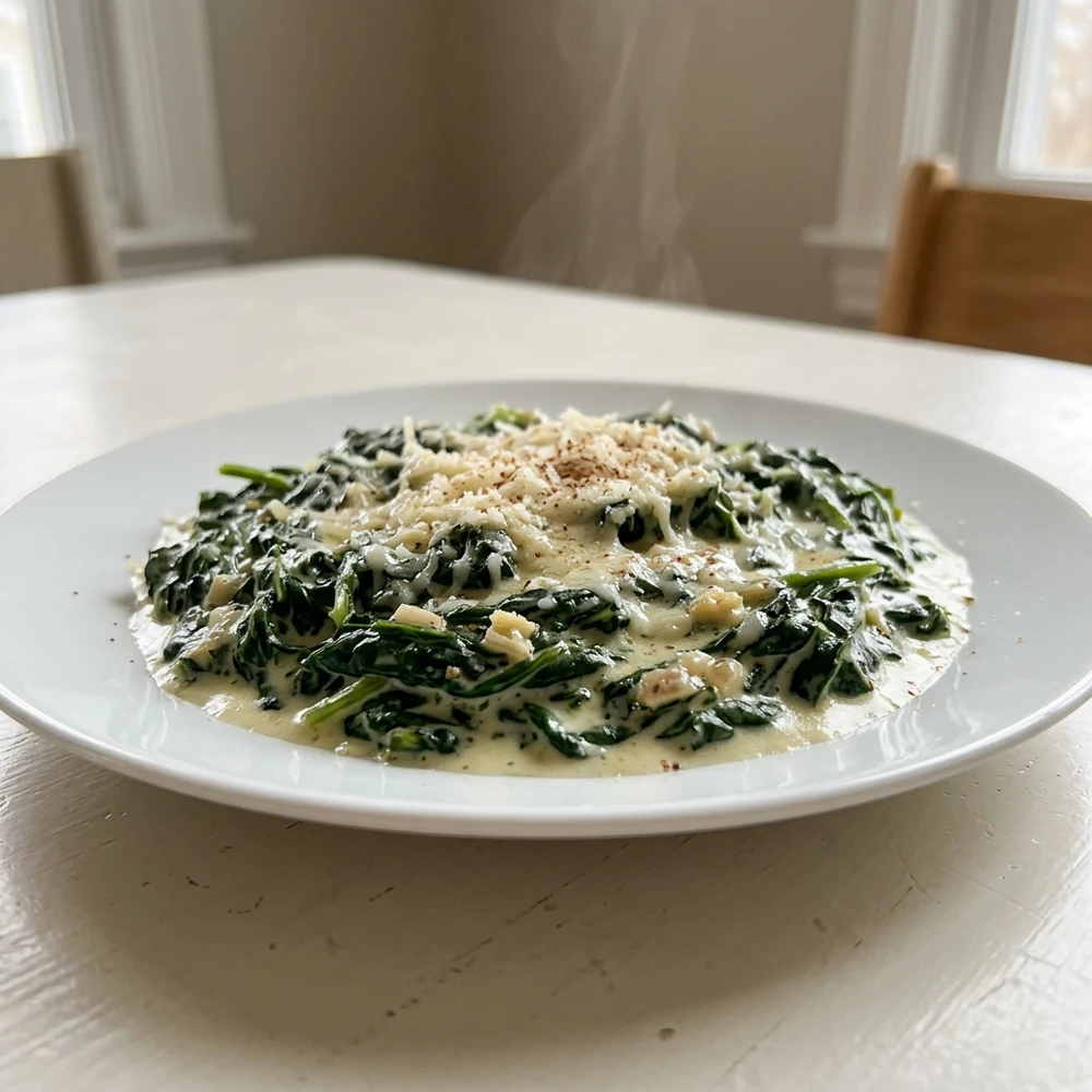 Close-up silky creamed spinach with garlic, Parmesan, and nutmeg