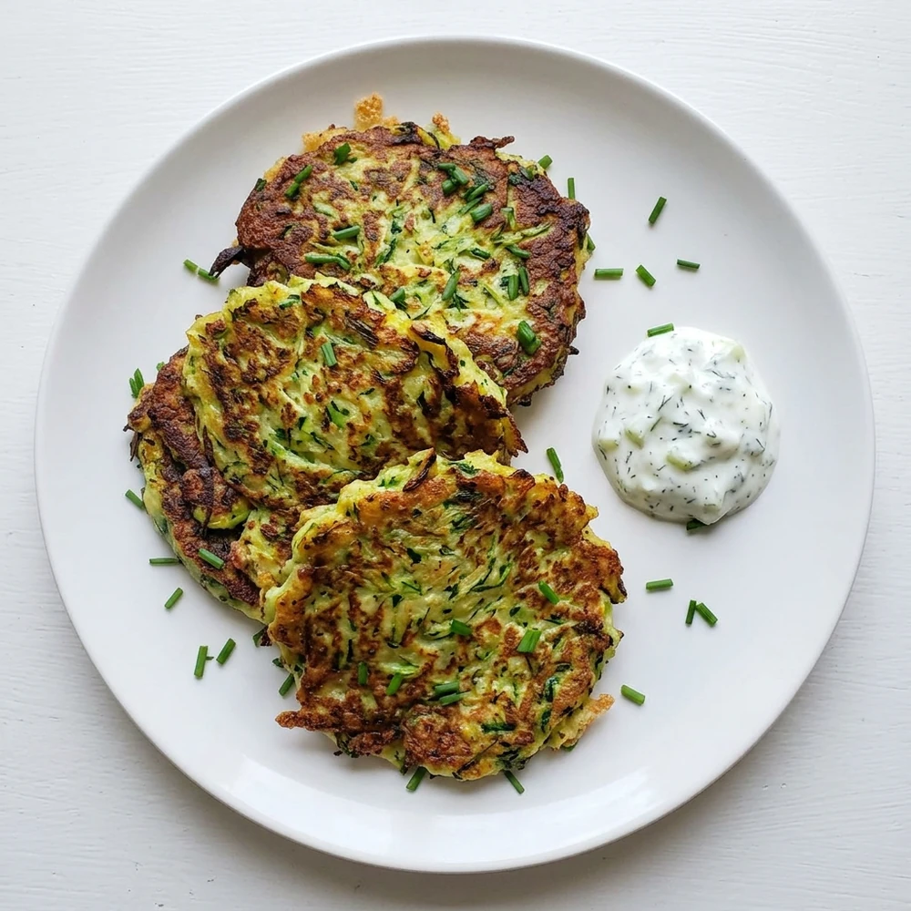 Zucchini fritters with Parmesan, garlic, dill, and tzatziki
