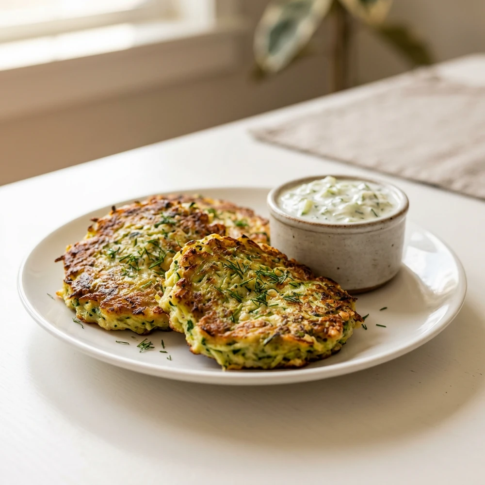 Close-up crispy zucchini fritters with Parmesan, dill, and tzatziki