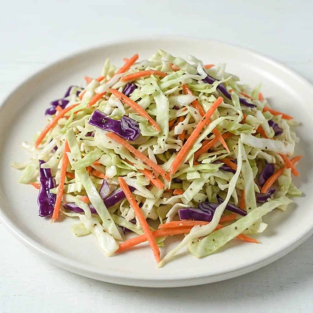 Vinegar coleslaw with shredded cabbage, carrots, celery seed, and Dijon dressing