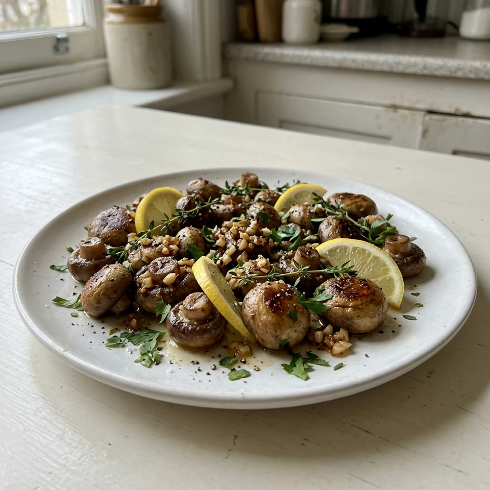 Close-up garlic mushrooms glazed with butter, lemon, parsley, and thyme