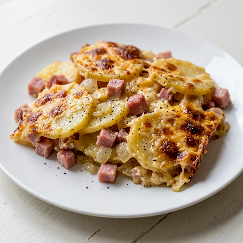 Scalloped potatoes with ham, cheddar sauce, onion, garlic, and a golden browned top