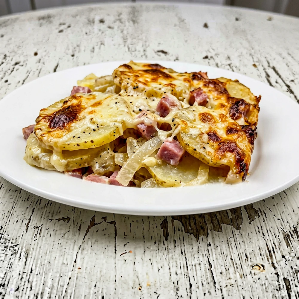 Close-up scalloped potatoes ham casserole with creamy cheddar sauce and browned potato layers