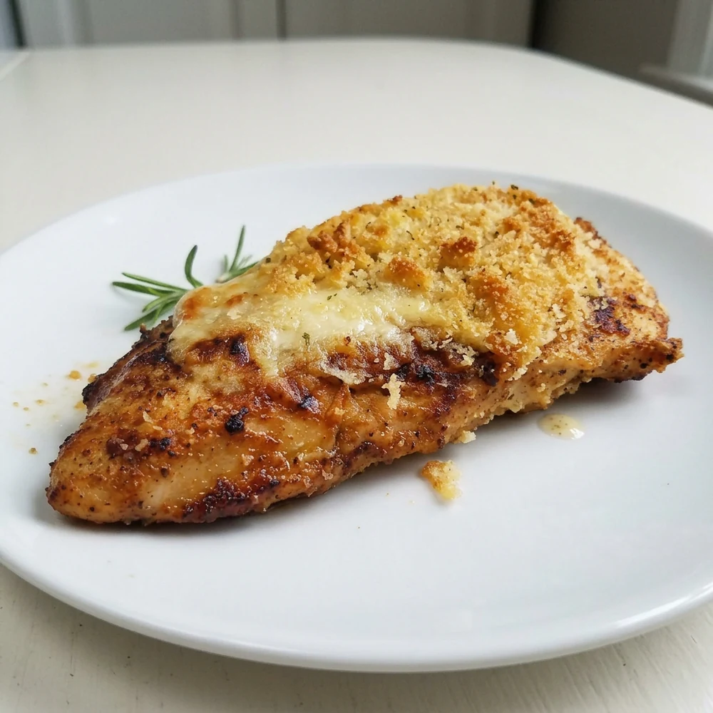 Close-up Copycat Longhorn Parmesan crusted chicken with browned cheese and panko topping
