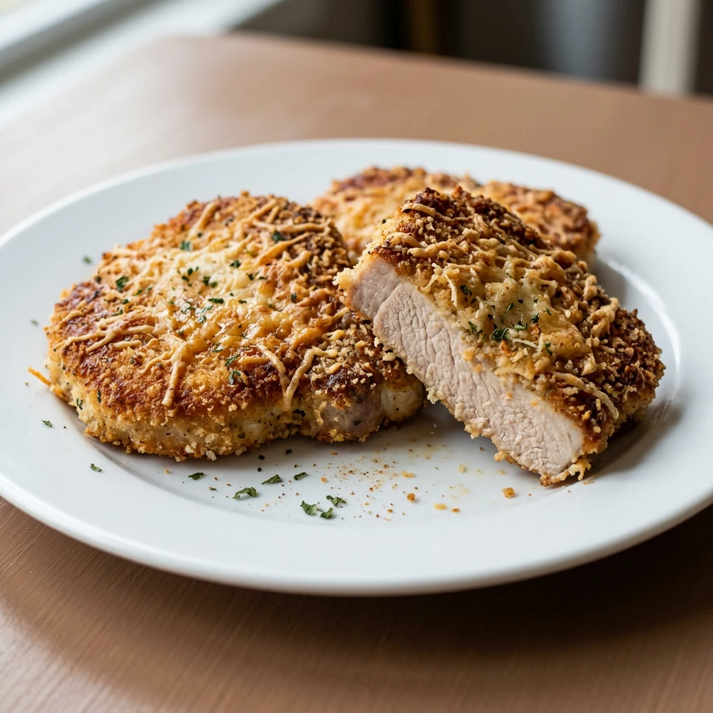 Parmesan baked pork chops with a crispy garlic breadcrumb crust