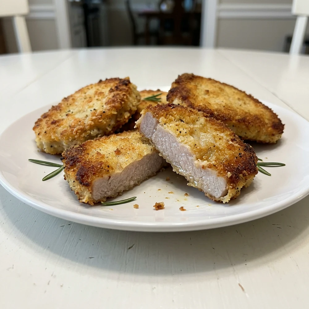 Close-up juicy Parmesan baked pork chops with golden breadcrumb crust