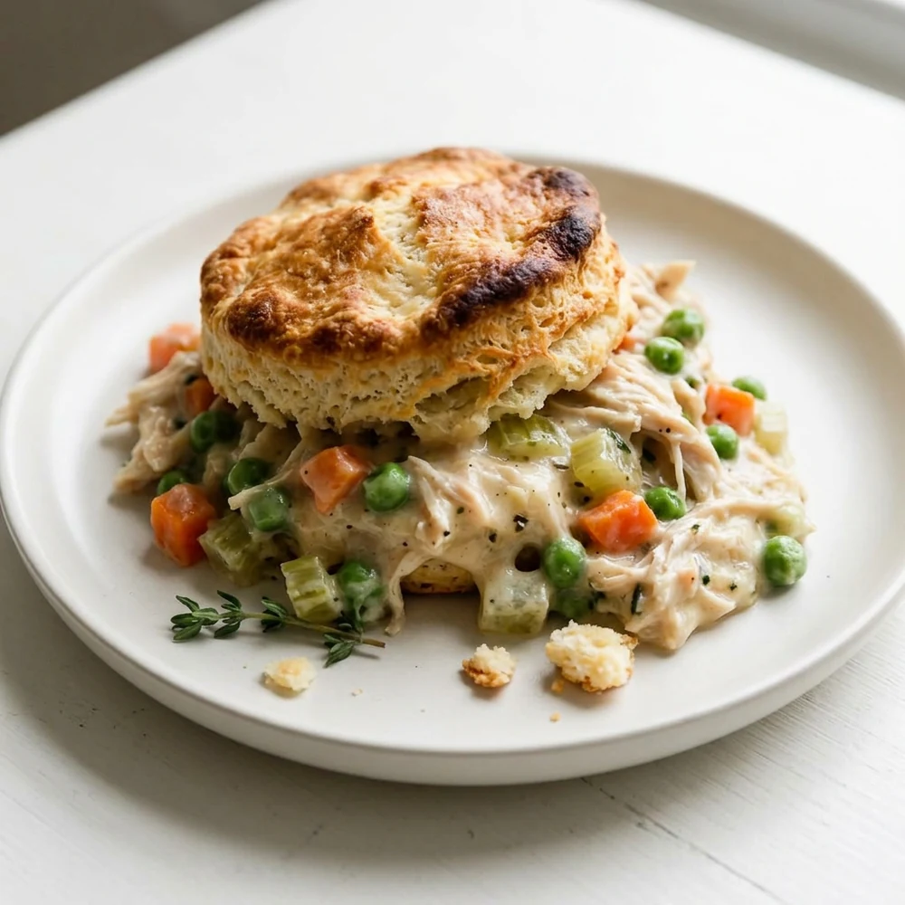 Chicken pot pie with creamy chicken, carrots, celery, peas, thyme, and a golden biscuit