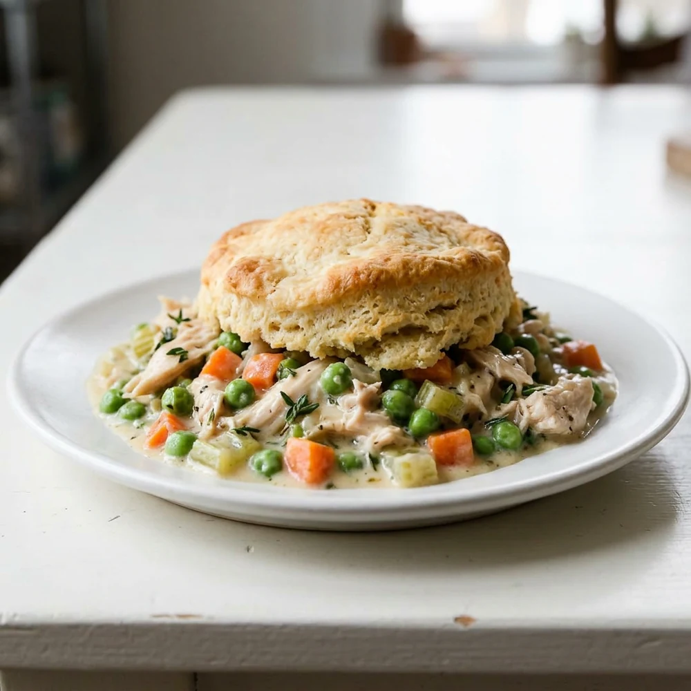 Close-up chicken pot pie filling with vegetables and a golden buttermilk biscuit