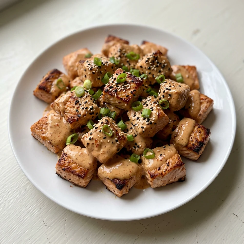 Air fryer salmon bites with bang bang sauce, green onion, and sesame seeds