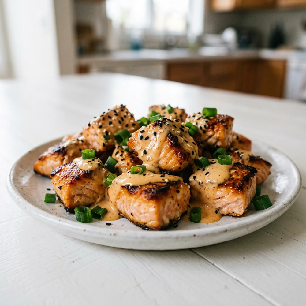 Close-up air fryer salmon bites coated in bang bang sauce with green onion and sesame