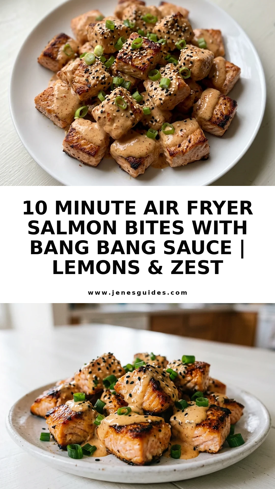 10 Minute Air Fryer Salmon Bites with Bang Bang Sauce | Lemons & Zest Pinterest pin