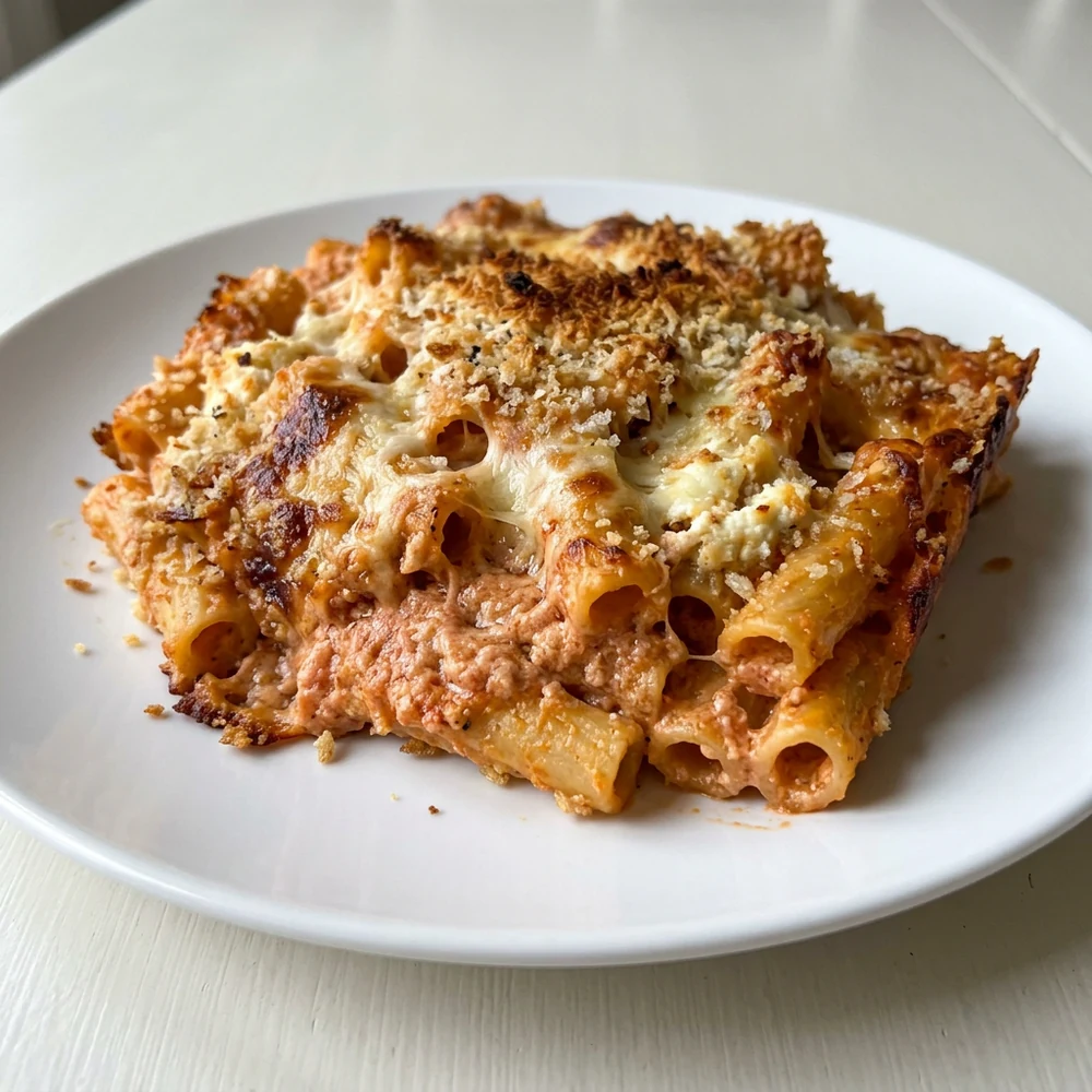 Close-up baked five-cheese ziti al forno with marinara, Alfredo, ricotta, mozzarella, Parmesan, and basil