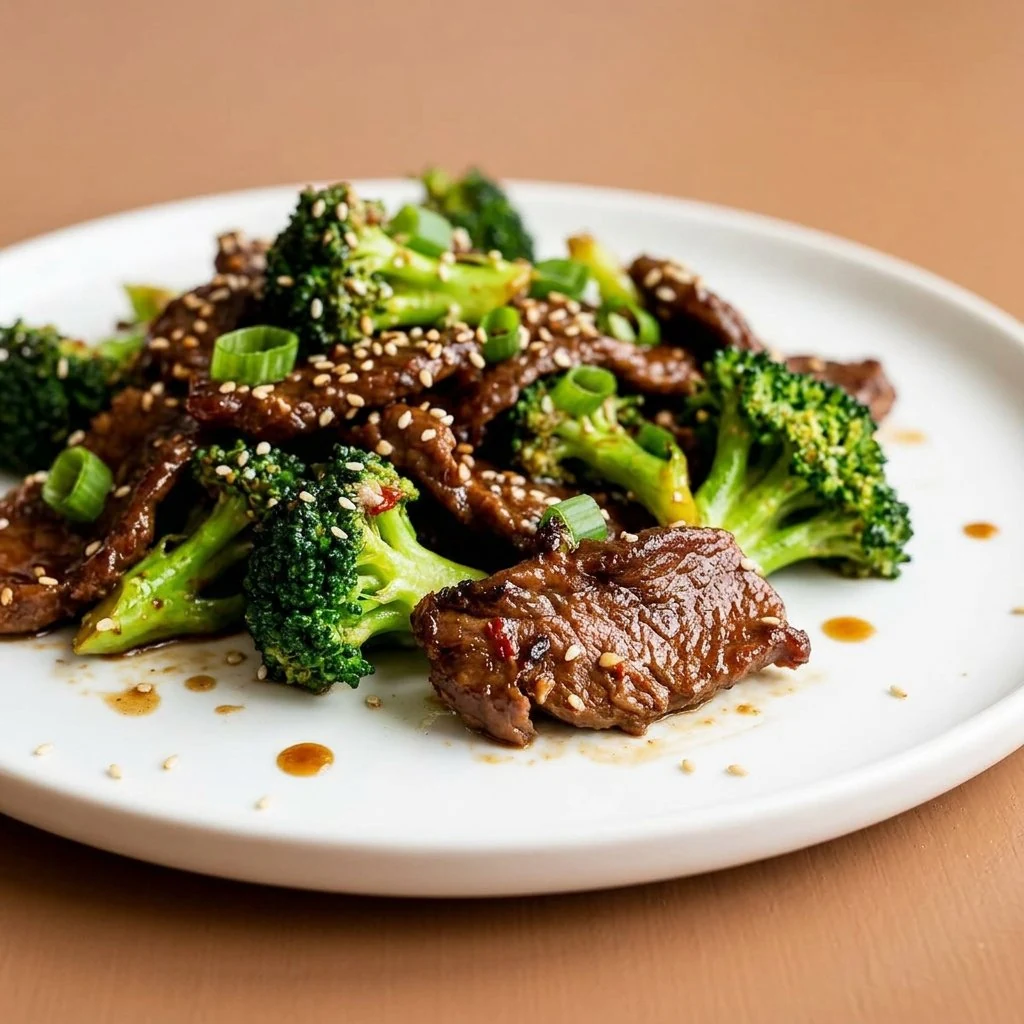 Beef and broccoli stir fry with sesame seeds on white plate