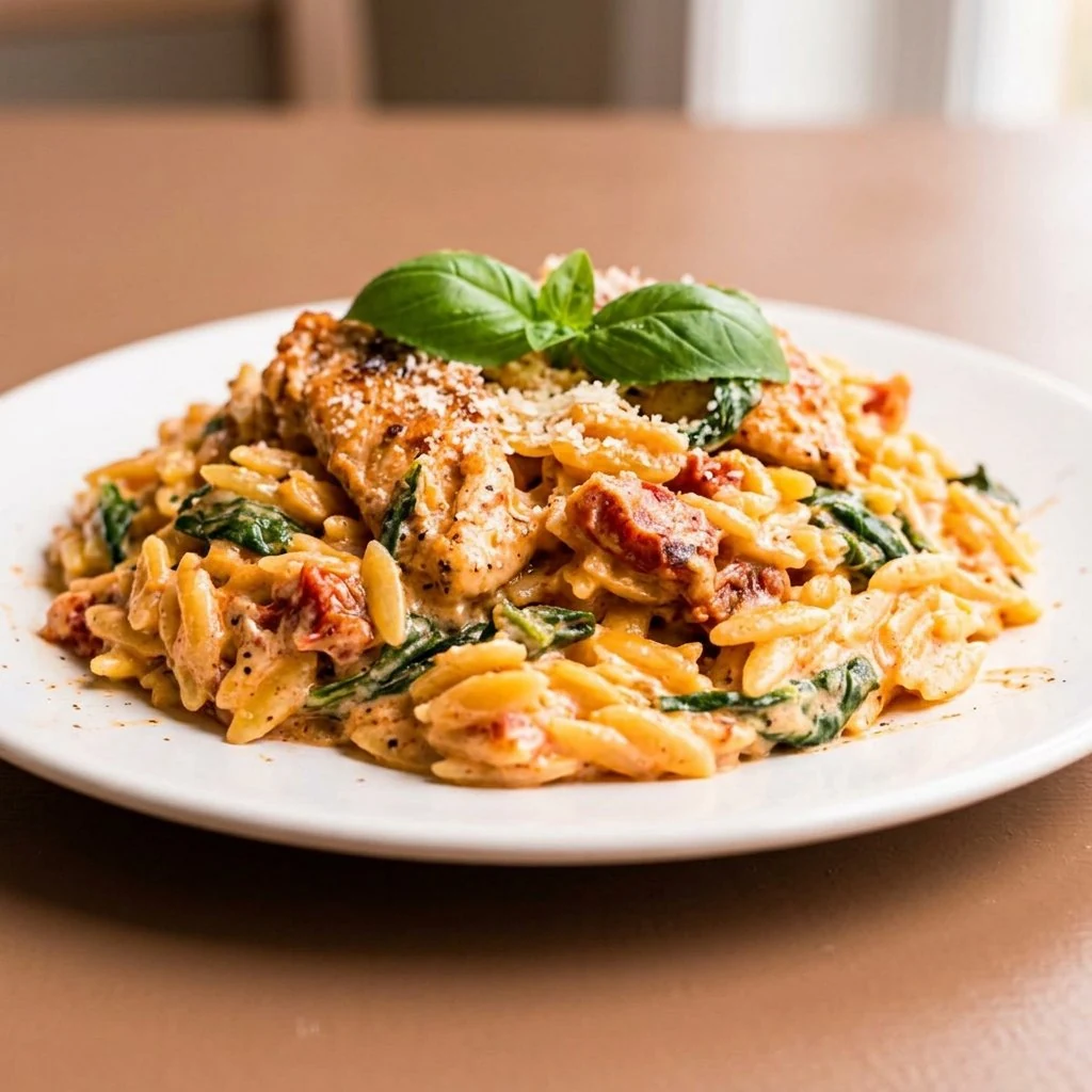 Creamy tomato orzo with chicken and basil on white plate