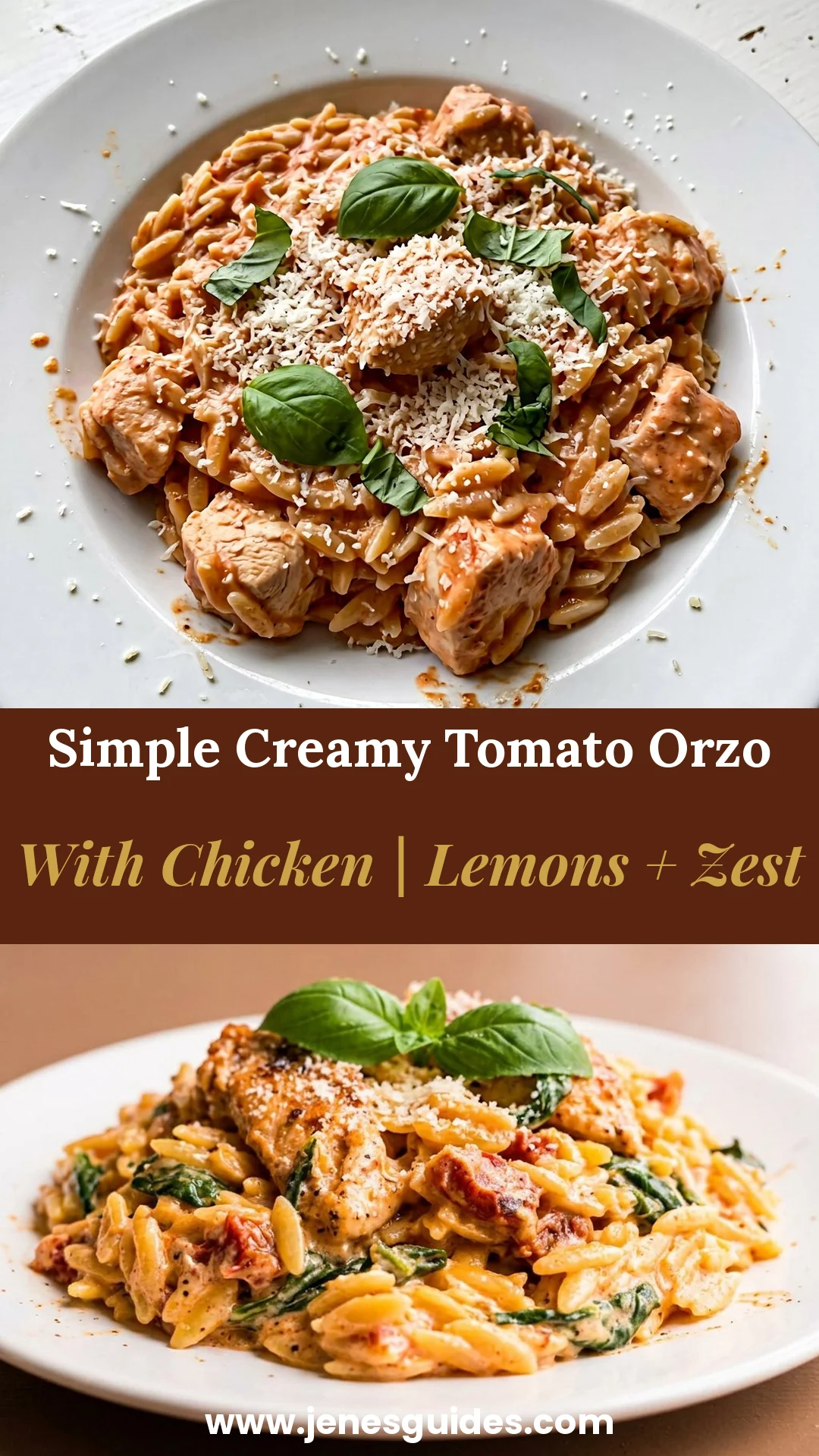 Simple Creamy Tomato Orzo With Chicken | Lemons + Zest Pinterest pin