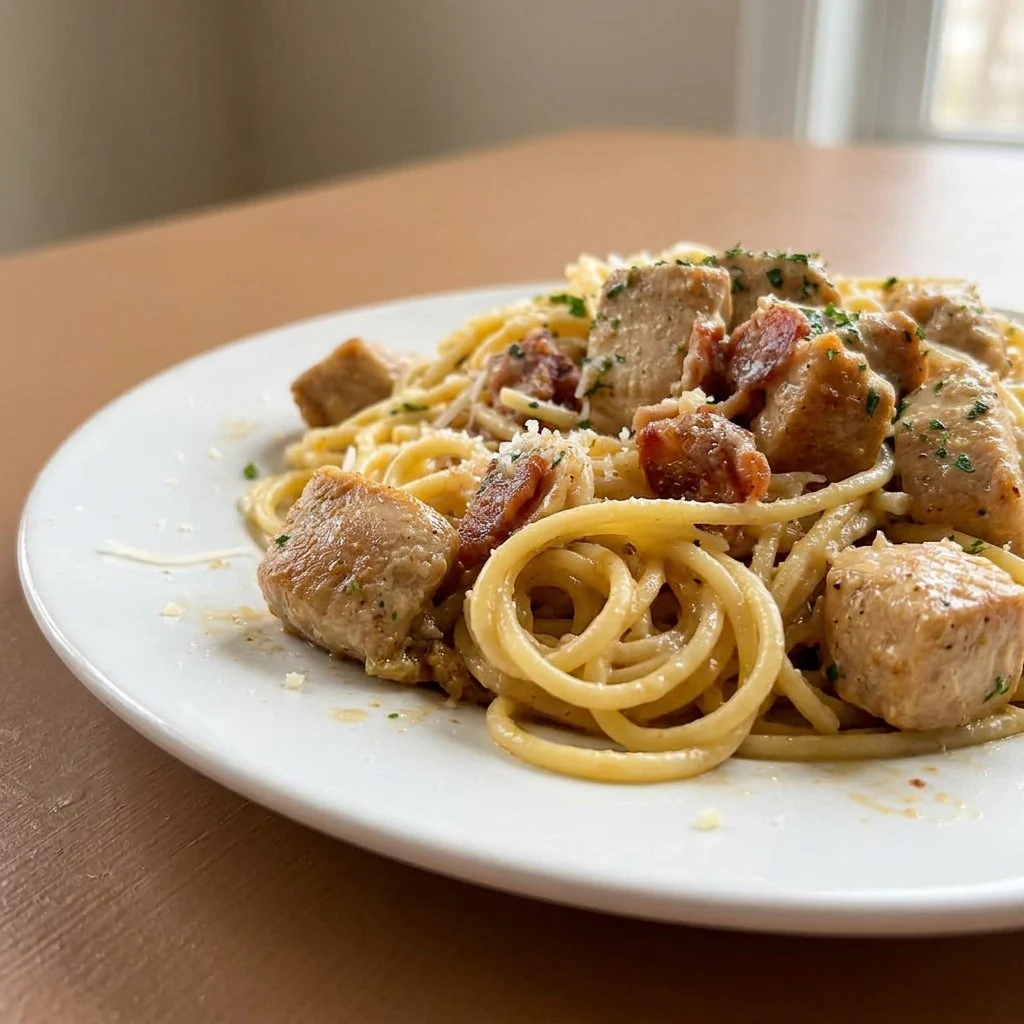 Chicken carbonara with turkey bacon and parmesan on white plate