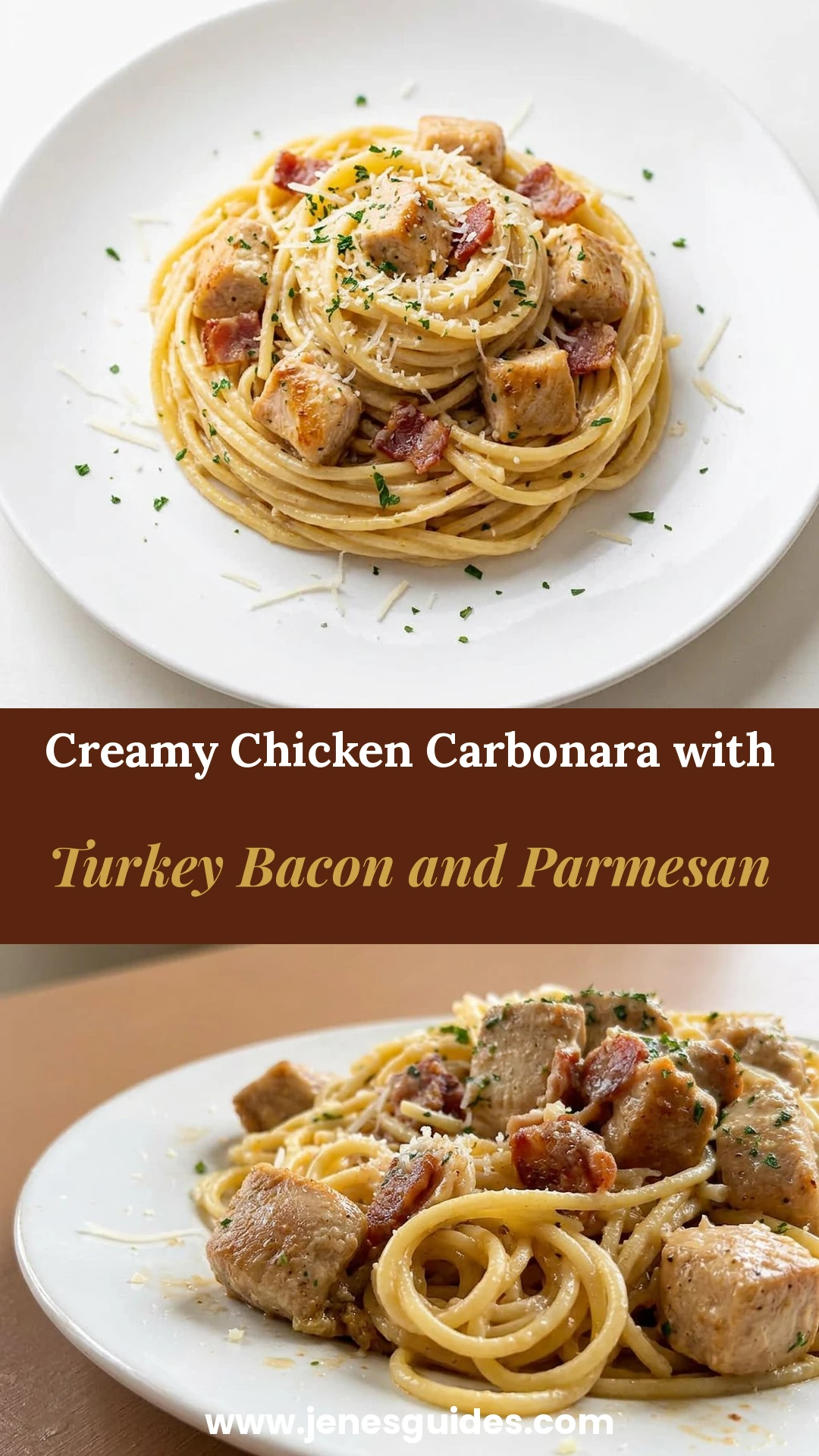 Creamy Chicken Carbonara with Turkey Bacon and Parmesan Pinterest pin