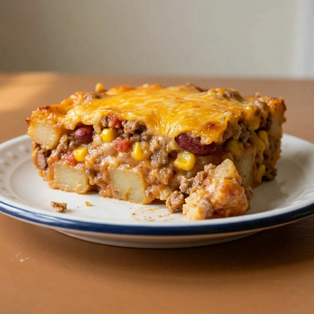 Slice of slow cooker cowboy casserole with melted cheddar