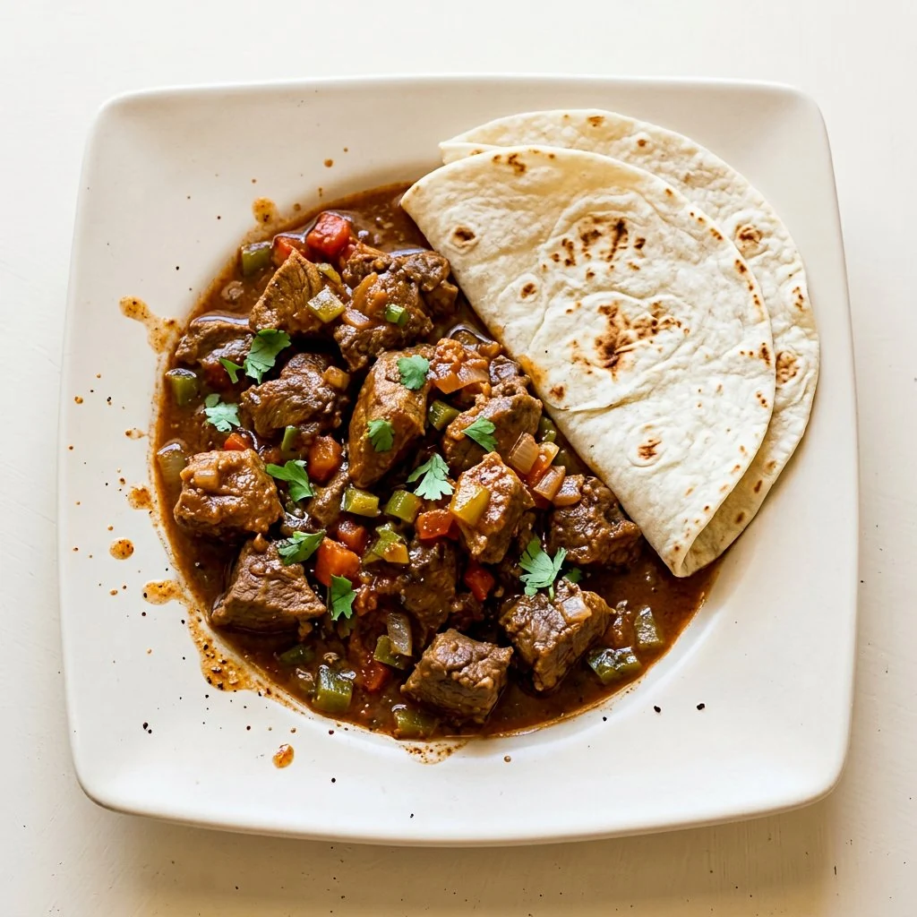 Mexican-style carne guisada with tender beef and green pepper in tomato gravy
