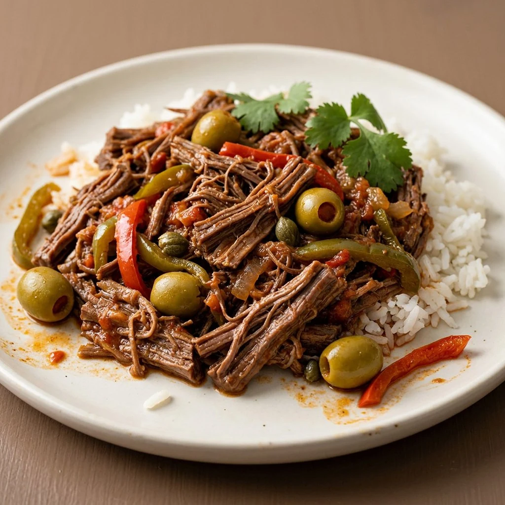 Cuban ropa vieja with shredded beef, bell peppers and green olives