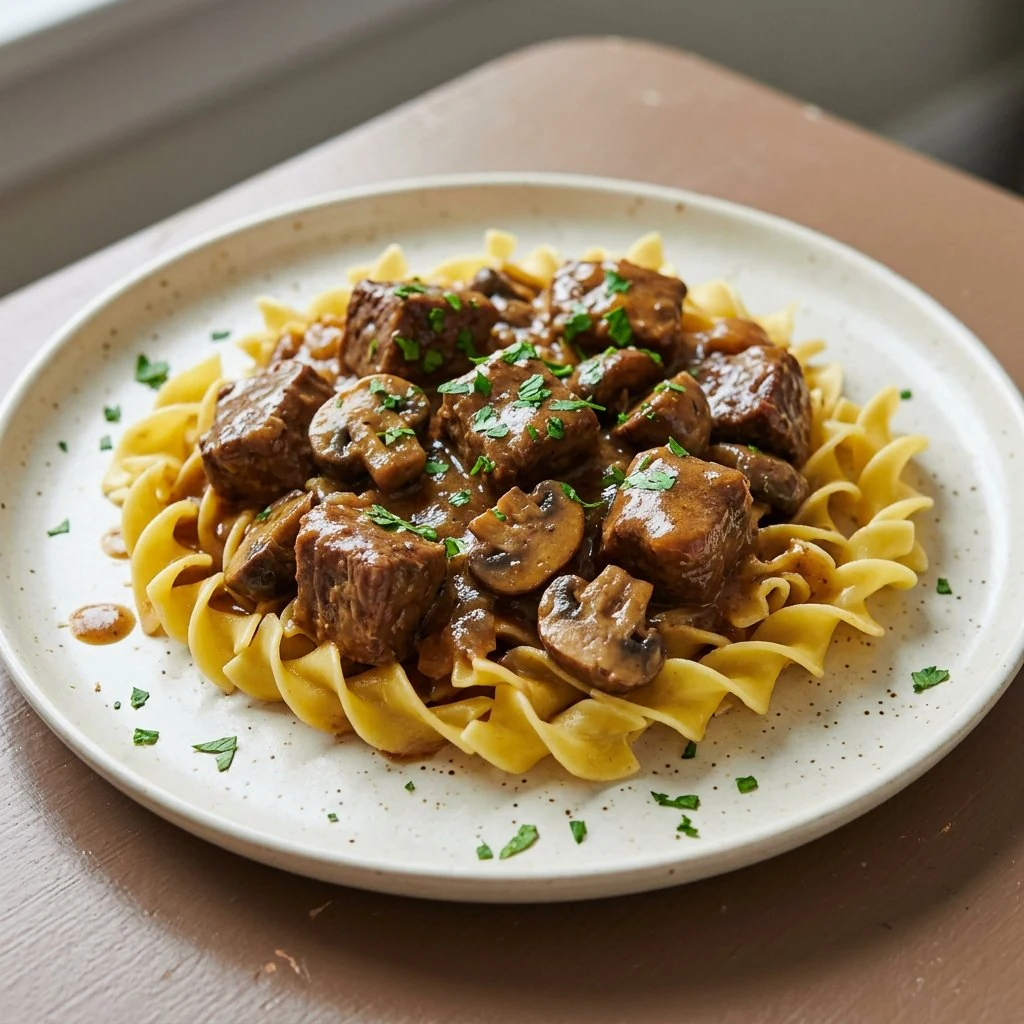 Tender slow-cooker beef tips and mushrooms in rich brown gravy