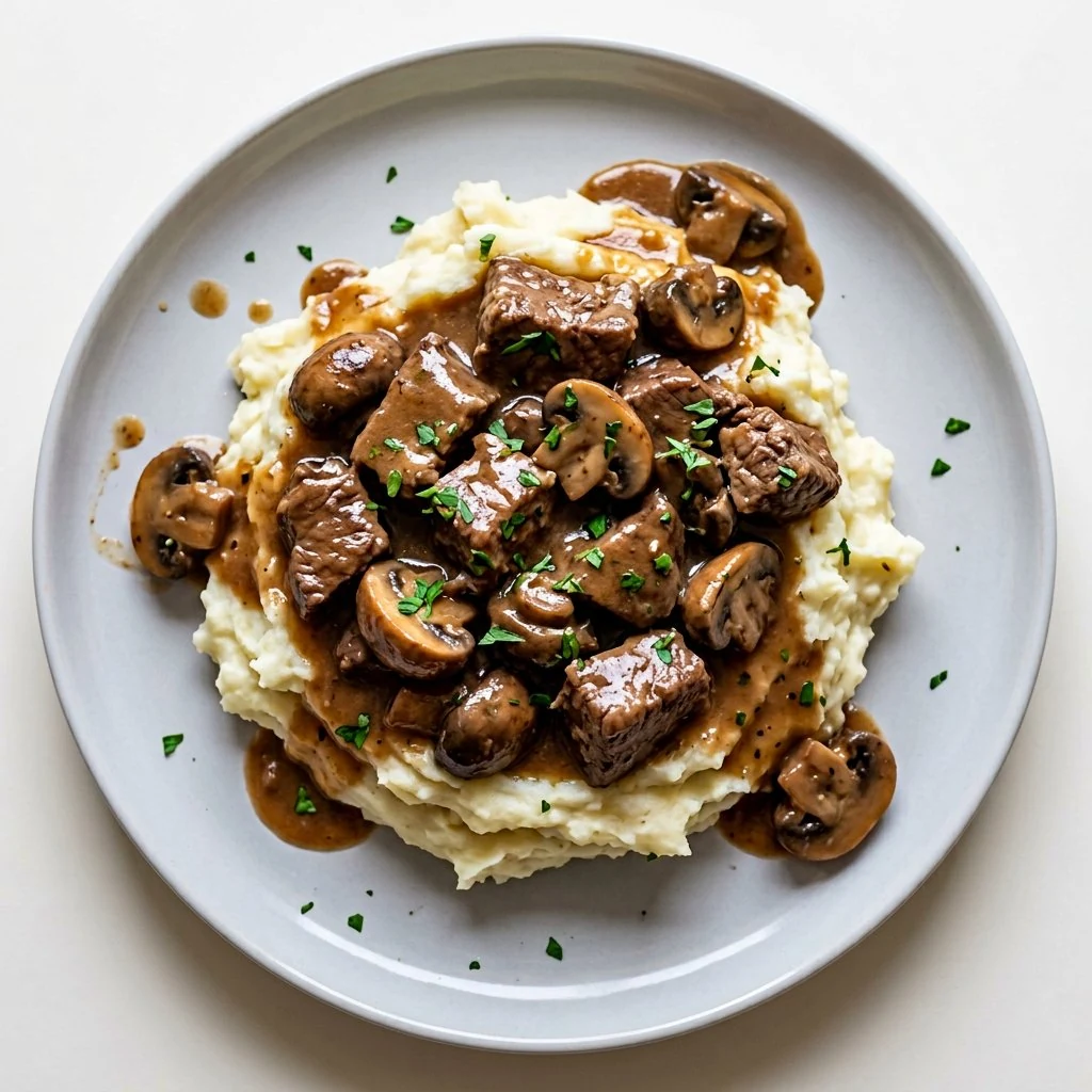 Tender slow-cooker beef tips and mushrooms in rich brown gravy
