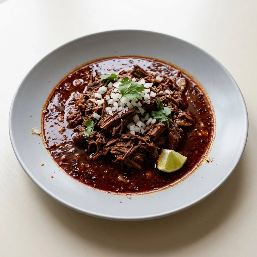 Authentic beef birria with tender shredded beef in red chile consommé