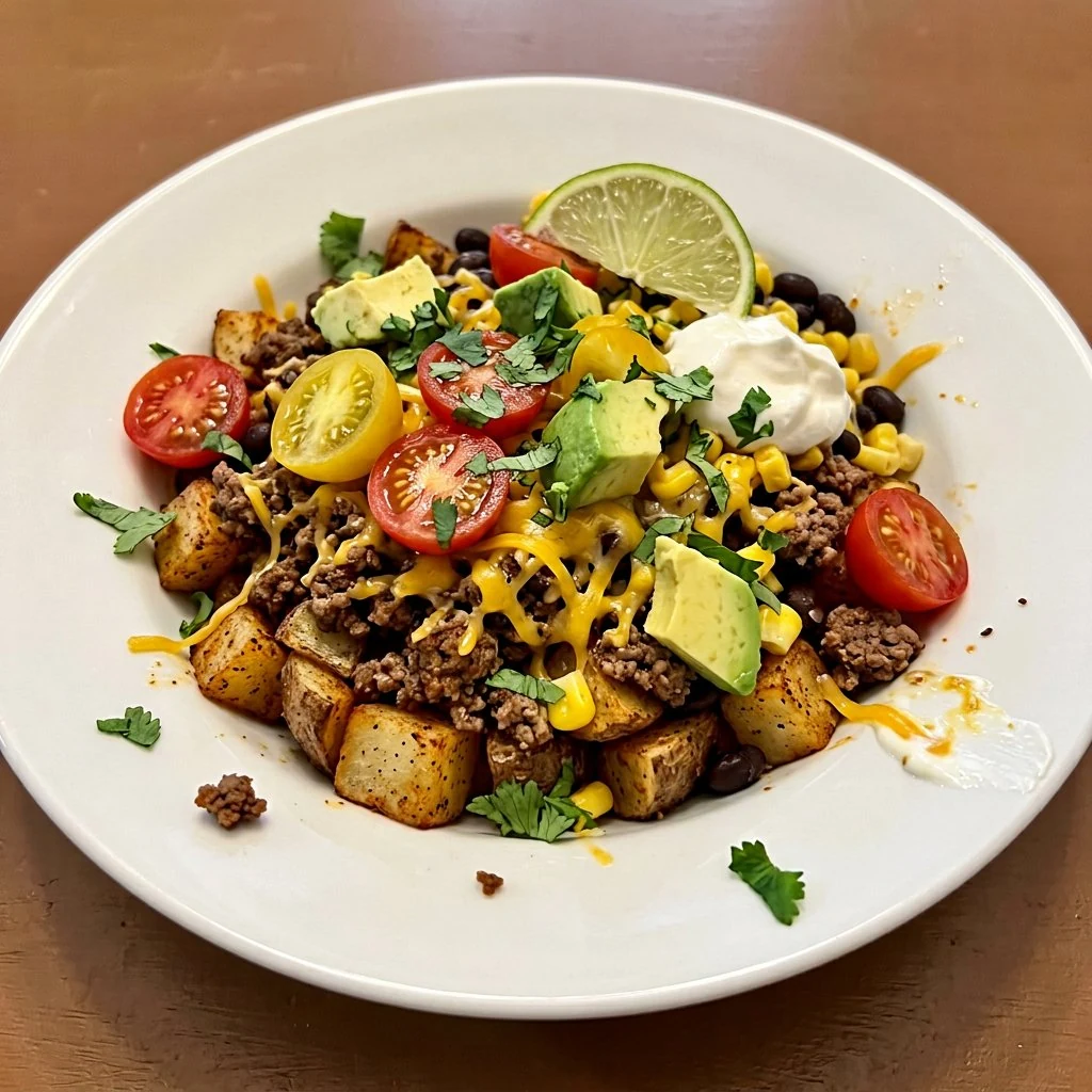 Loaded potato taco bowl with roasted potatoes, ground beef, beans, corn and toppings