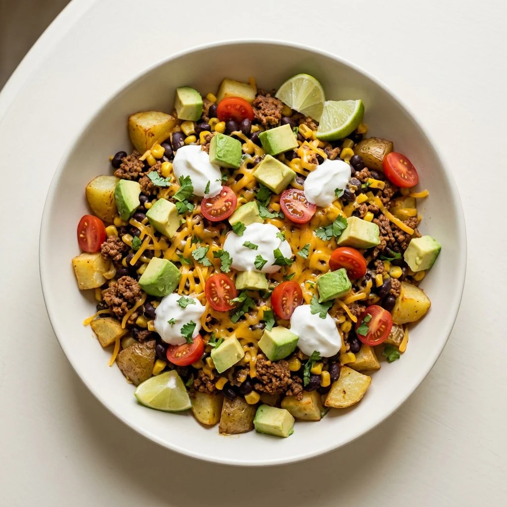 Loaded potato taco bowl with roasted potatoes, ground beef, beans, corn and toppings