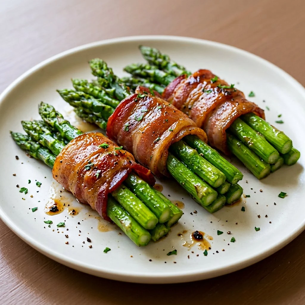Bacon-wrapped asparagus bundles glazed with brown sugar butter