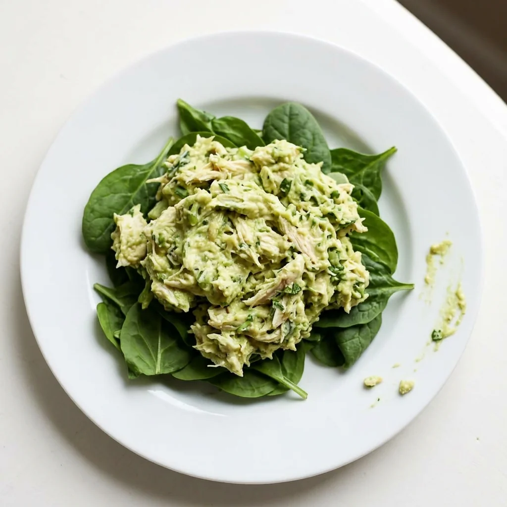 Creamy avocado chicken salad scooped over fresh spinach on a white plate