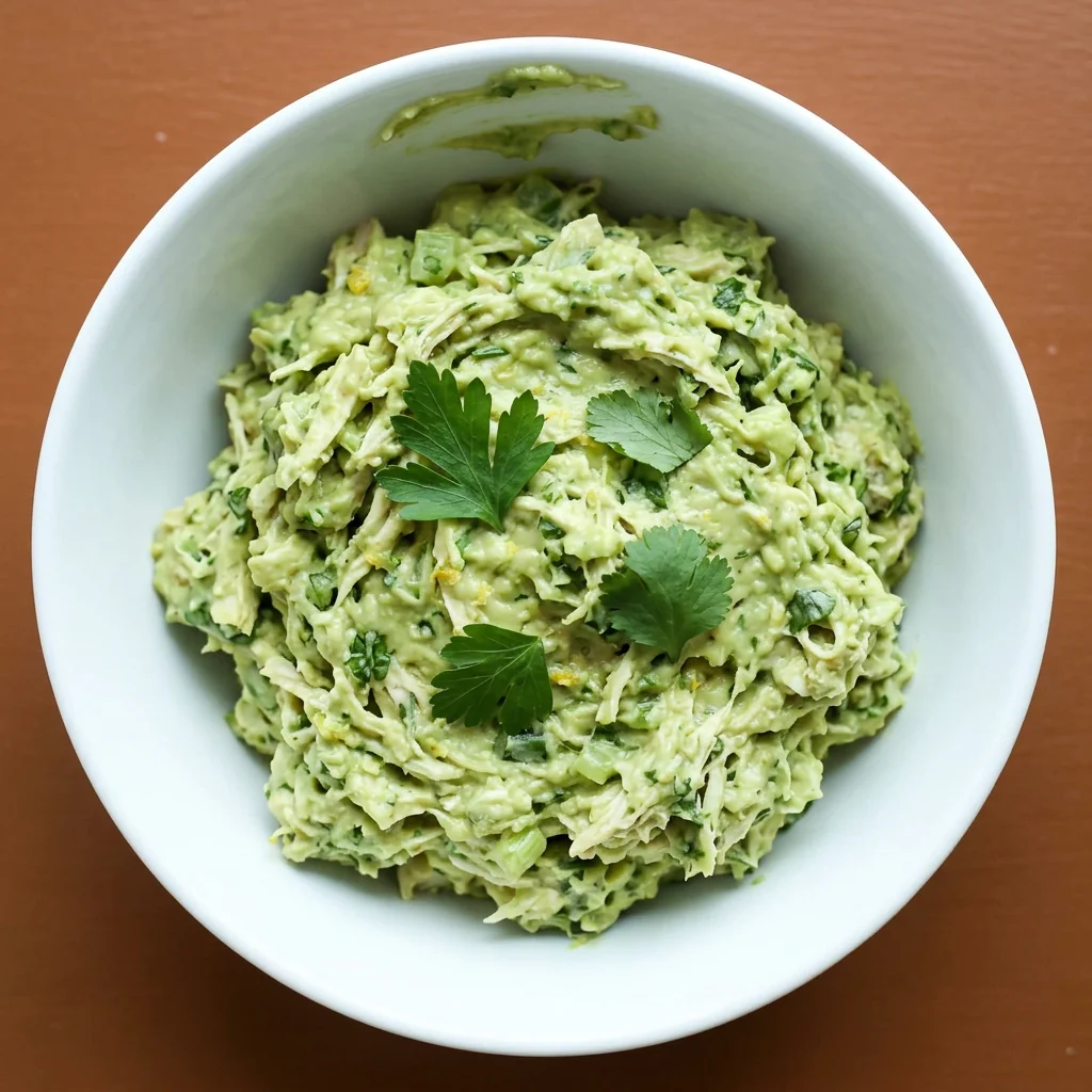 Overhead view of creamy avocado chicken salad with herbs in a white bowl
