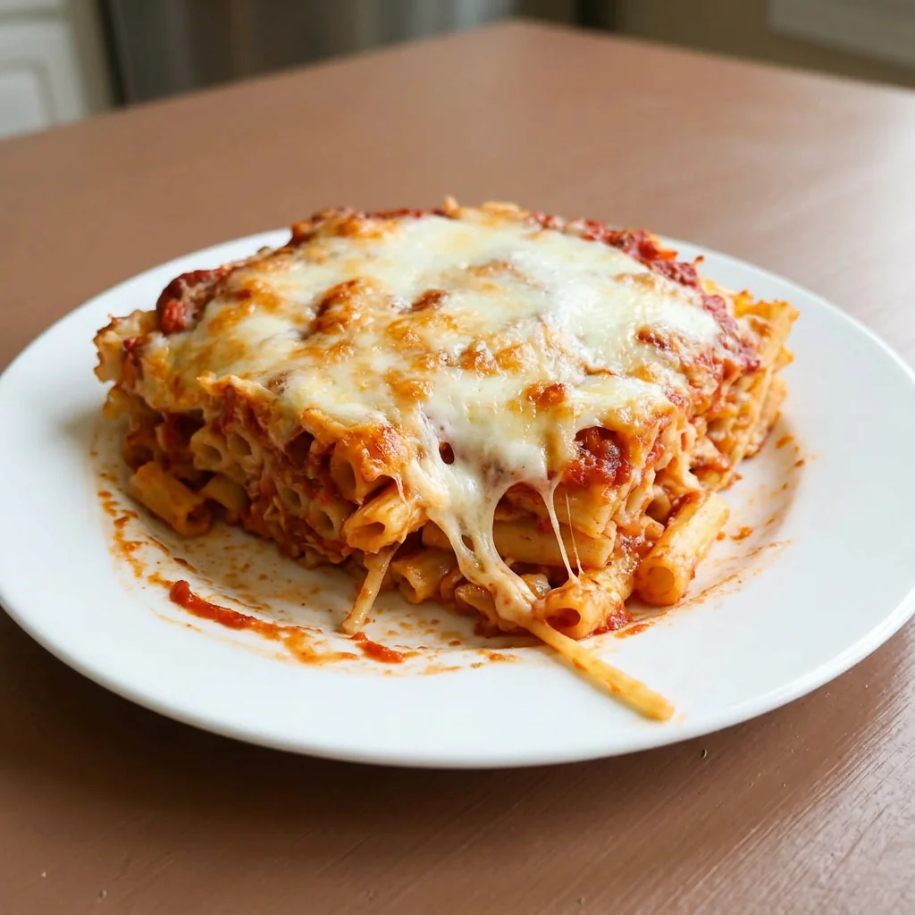 Baked ziti with three cheeses and tomato sauce served on a white plate