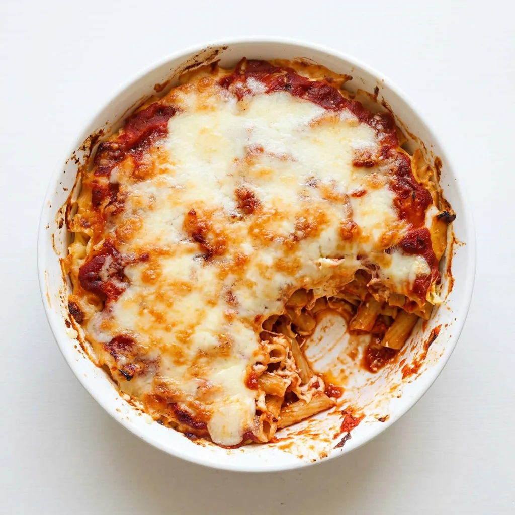 Overhead view of three cheese baked ziti in a white baking dish with a portion served out